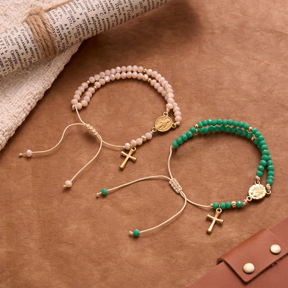 Faceted Crystal Bead Knotted Rosary Bracelet With Cross Charm: Emblem of Gentle Celestial Blessings