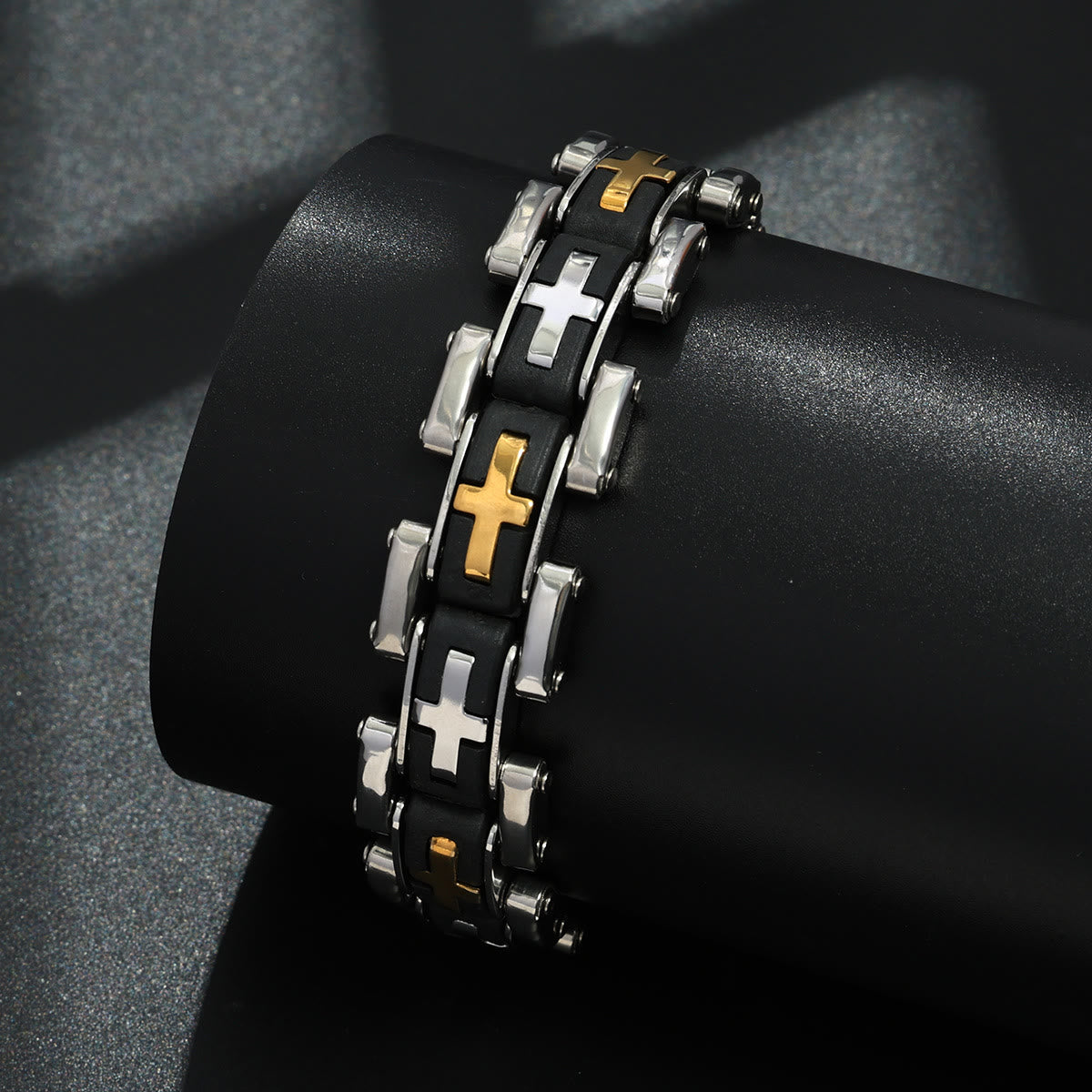Rugged Biker Style Cross Inlaid Wrist Bracelet: Emblem of Unwavering Inner Serenity