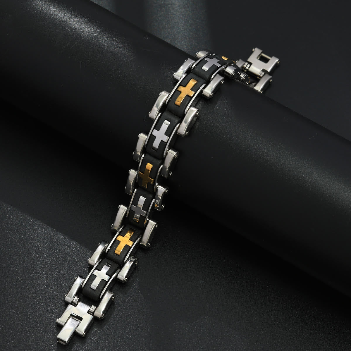 Rugged Biker Style Cross Inlaid Wrist Bracelet: Emblem of Unwavering Inner Serenity