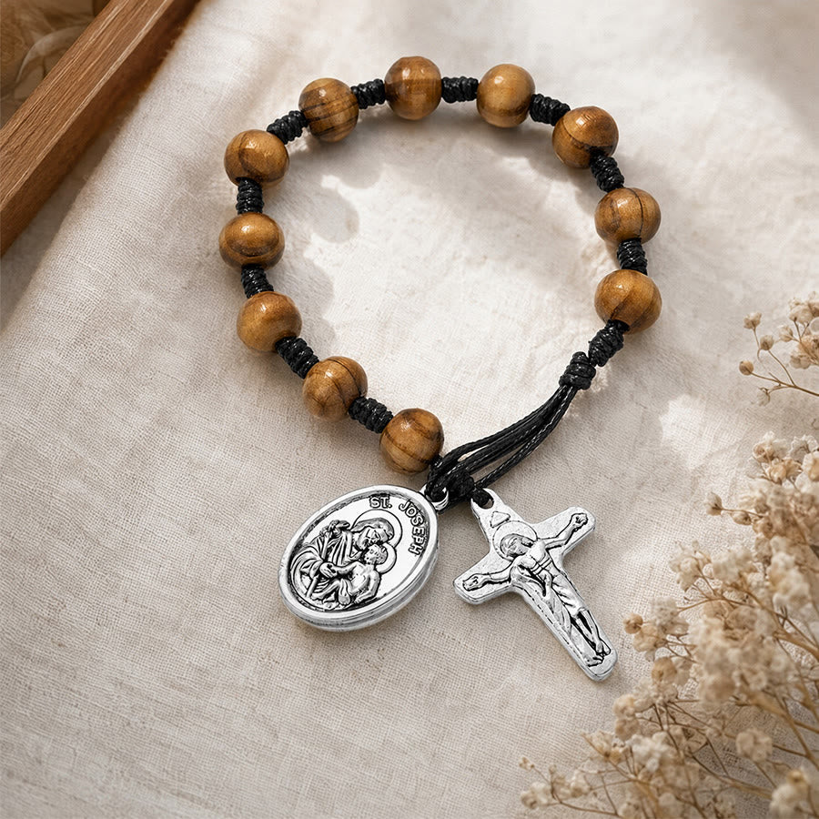 St Joseph Medal Wooden Wrist Rosary Crucifix: Emblem of Family Celestial Safeguard