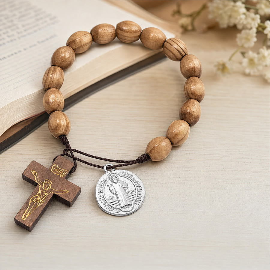 St Joseph Medal Wooden Wrist Rosary Crucifix: Emblem of Family Celestial Safeguard