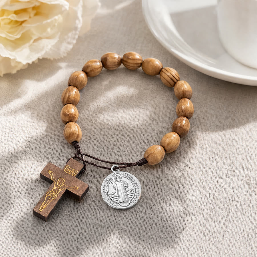 St Joseph Medal Wooden Wrist Rosary Crucifix: Emblem of Family Celestial Safeguard