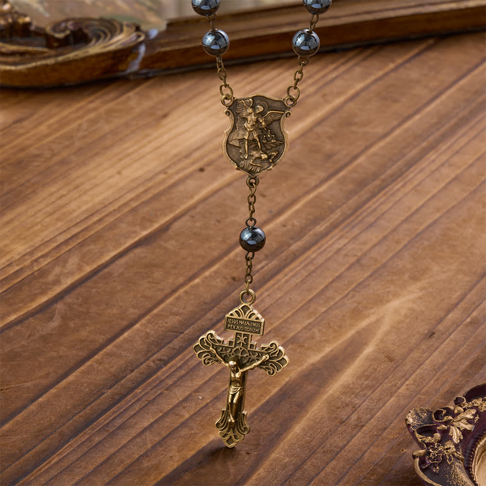 Hematite Bead Car Pendant with St. Michael Medal & Crucifix: A Gift of Heavenly Protection & Strength