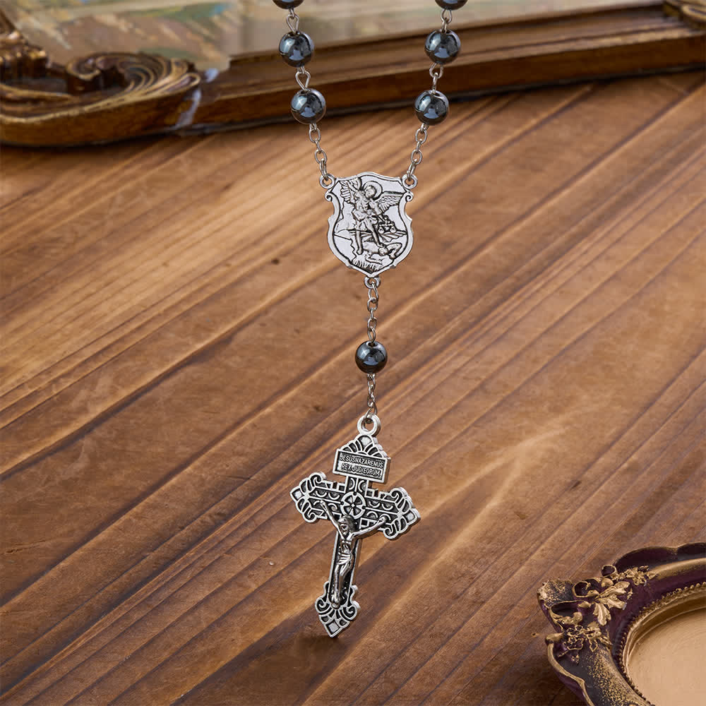 Hematite Bead Car Pendant with St. Michael Medal & Crucifix: A Gift of Heavenly Protection & Strength