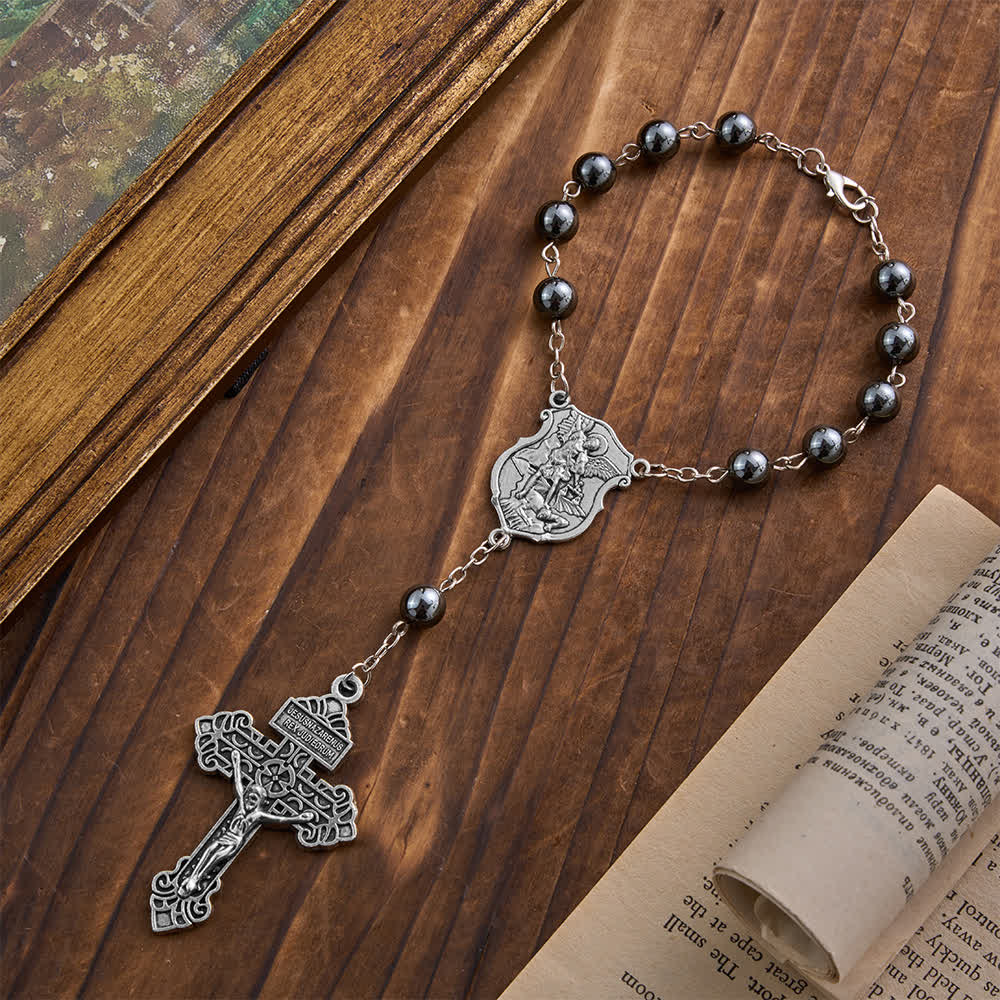 Hematite Bead Car Pendant with St. Michael Medal & Crucifix: A Gift of Heavenly Protection & Strength