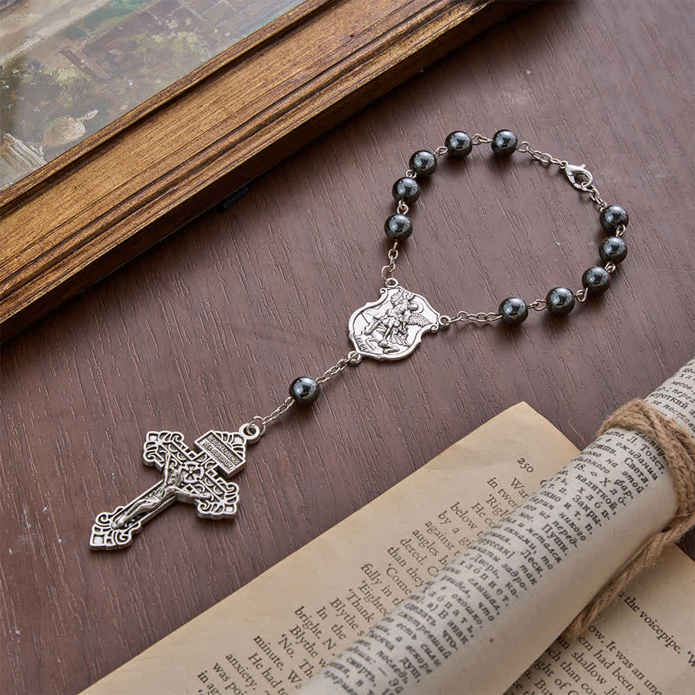Hematite Bead Car Pendant with St. Michael Medal & Crucifix: A Gift of Heavenly Protection & Strength