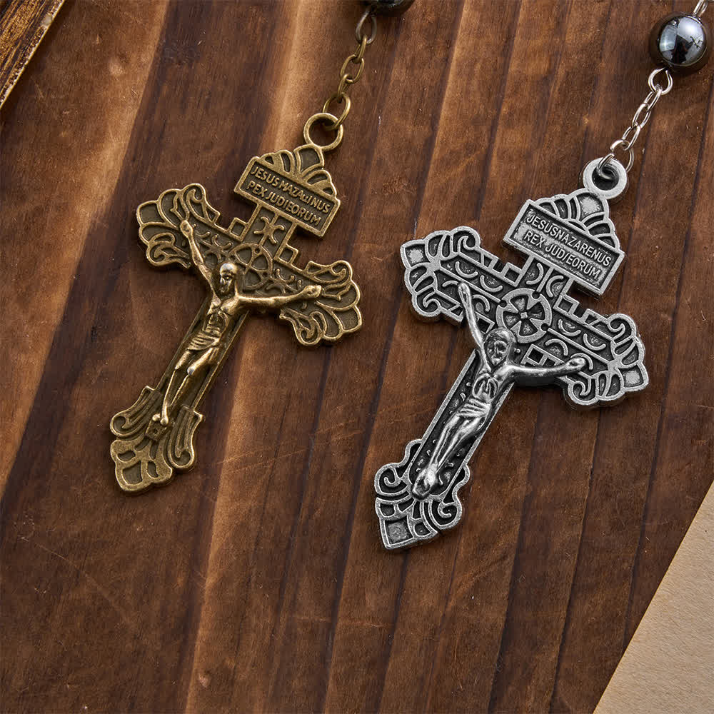 Hematite Bead Car Pendant with St. Michael Medal & Crucifix: A Gift of Heavenly Protection & Strength