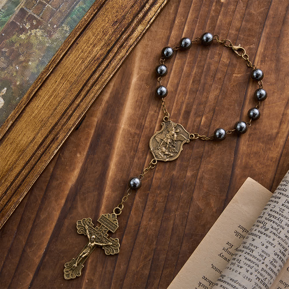 Hematite Bead Car Pendant with St. Michael Medal & Crucifix: A Gift of Heavenly Protection & Strength