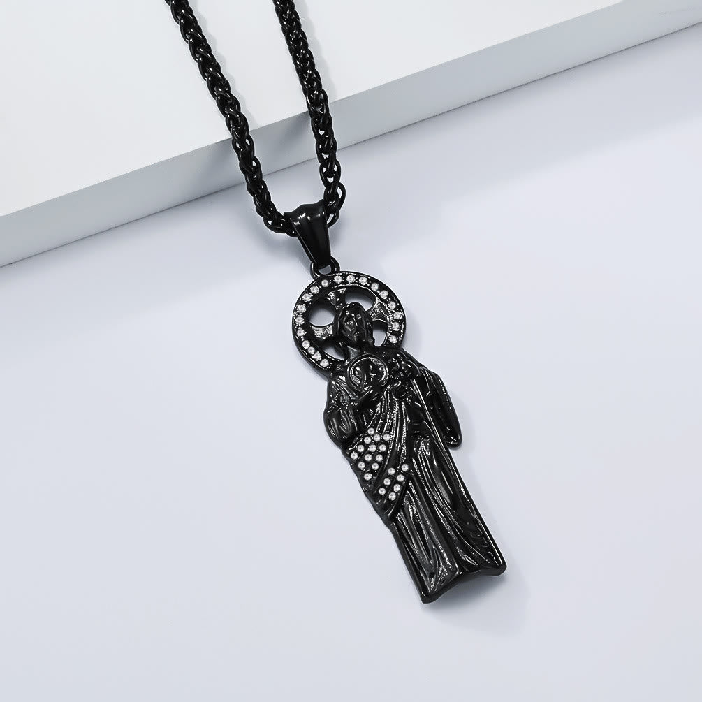 Rhinestone Halo Saint Jude Thaddeus Cuban Pendant Necklace: Emblem of Desperate Fortune Salvation