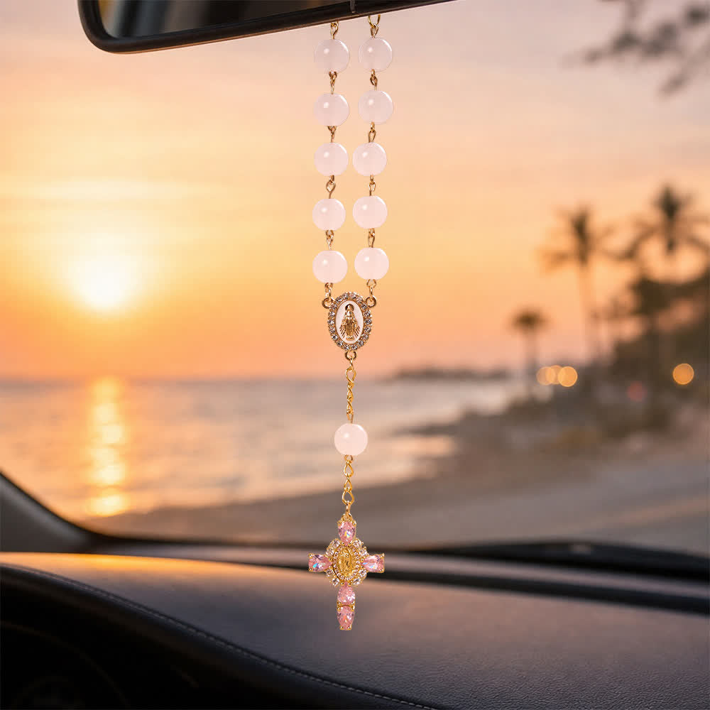Multi-Color Stained Glass Pocket Car Rosary With Jeweled Our Lady of Guadalupe Cross