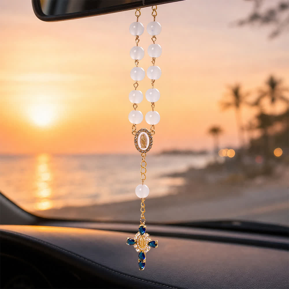 Multi-Color Stained Glass Pocket Car Rosary With Jeweled Our Lady of Guadalupe Cross