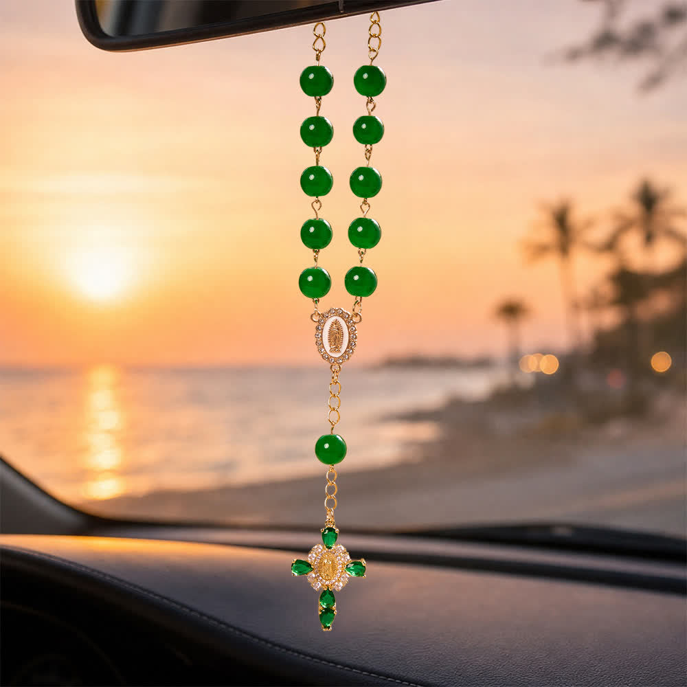 Multi-Color Stained Glass Pocket Car Rosary With Jeweled Our Lady of Guadalupe Cross