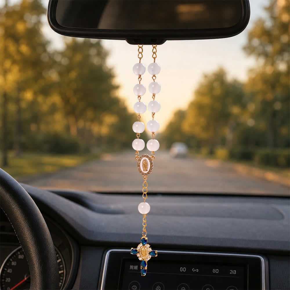 Multi-Color Stained Glass Pocket Car Rosary With Jeweled Our Lady of Guadalupe Cross