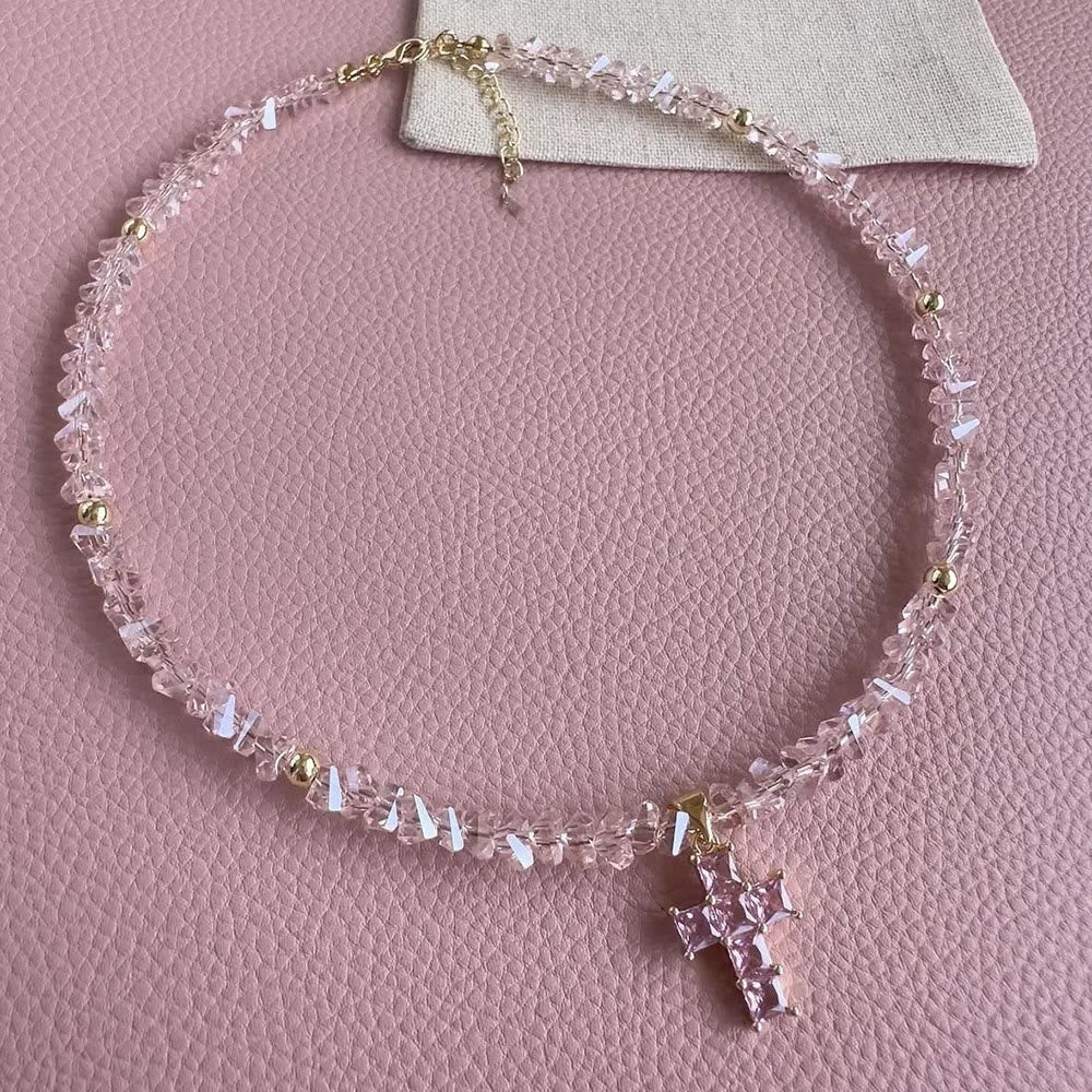 Faceted Crystal Bead Cross Charm Bracelet: Emblem of Sparkling Heavenly Blessing