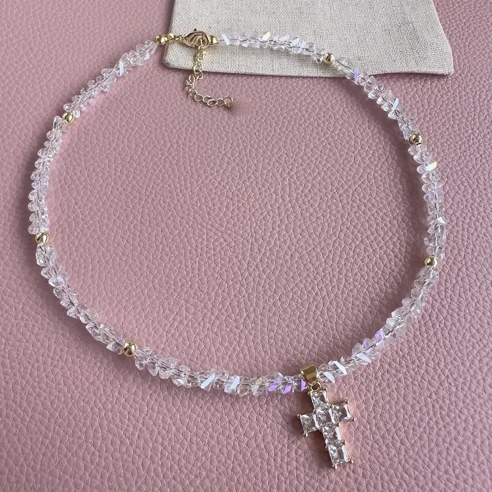 Faceted Crystal Bead Cross Charm Bracelet: Emblem of Sparkling Heavenly Blessing
