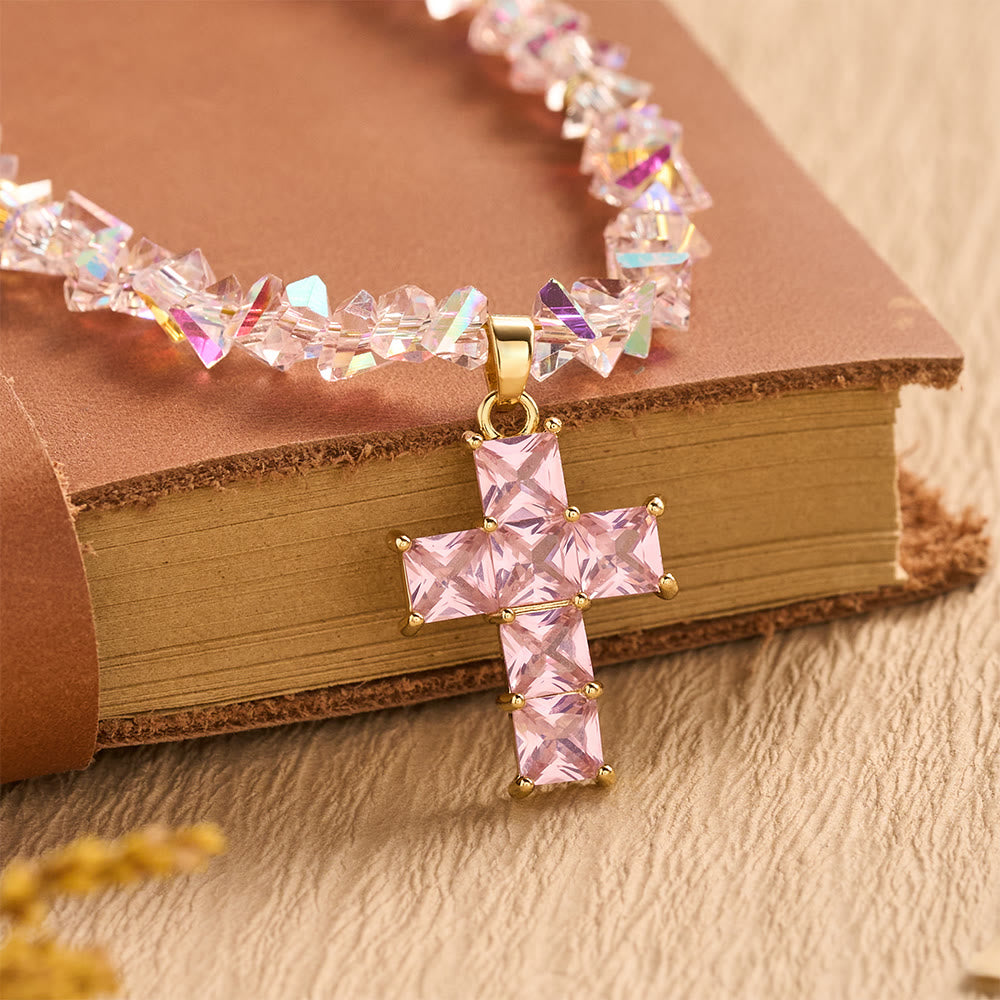 Faceted Crystal Bead Cross Charm Bracelet: Emblem of Sparkling Heavenly Blessing