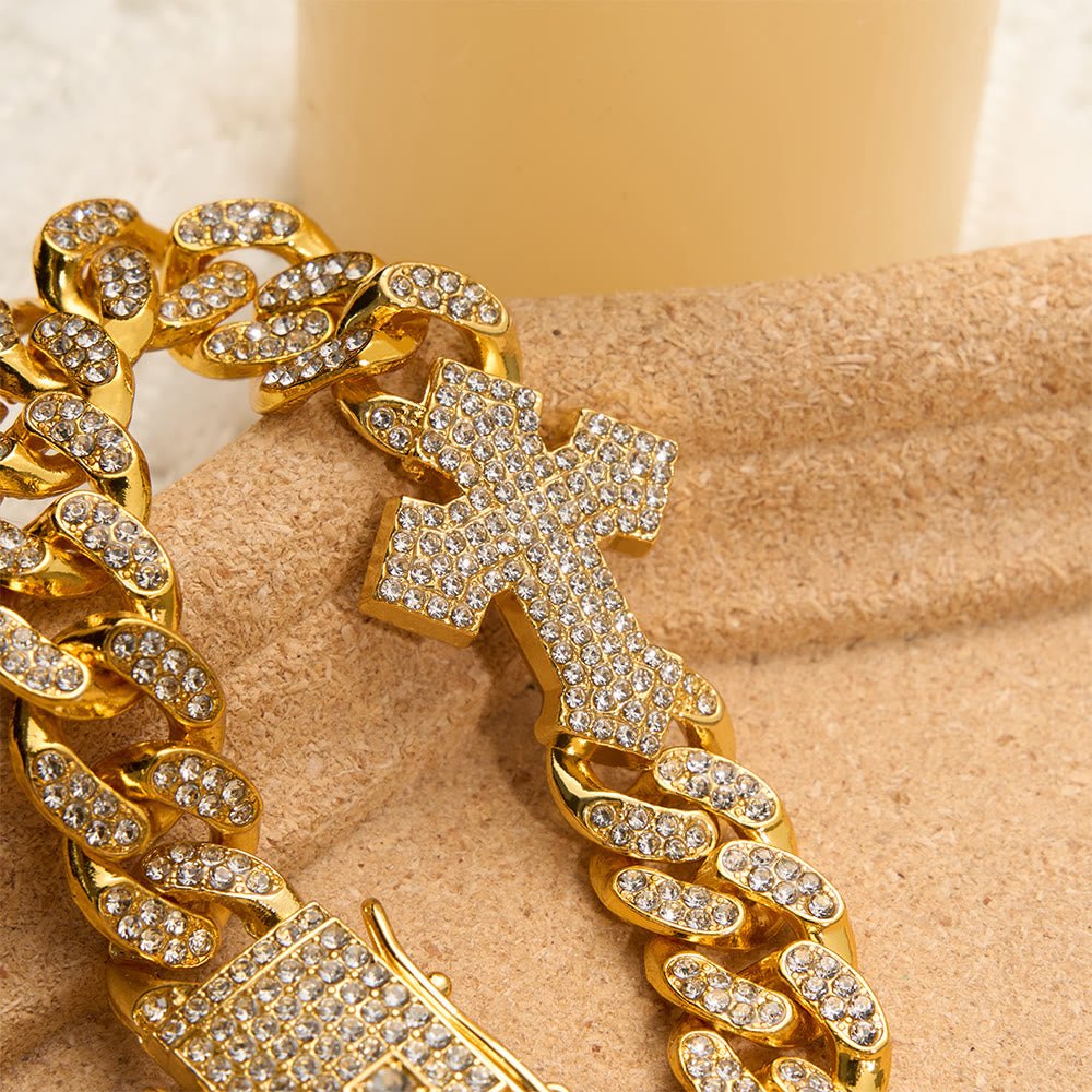 Iced Out Cuban Link Cross Bracelet & Necklace: Emblem of Bold Heavenly Fortitude