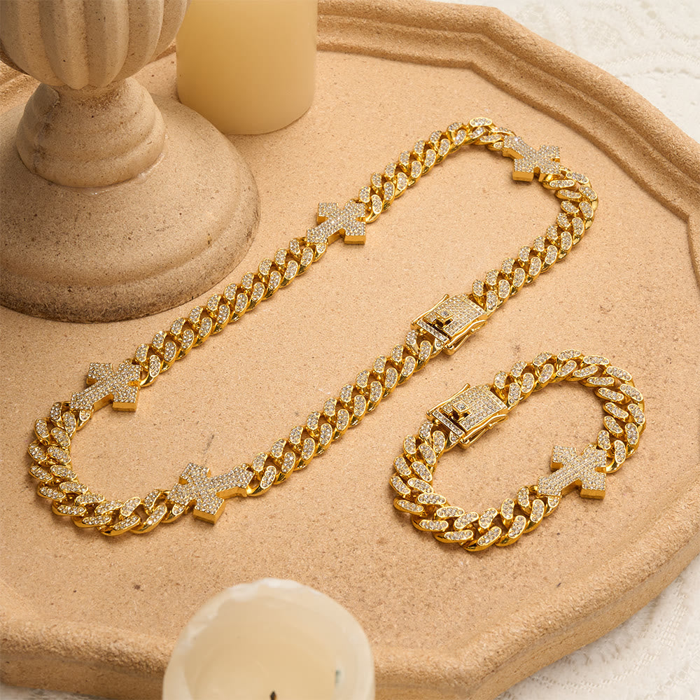 Iced Out Cuban Link Cross Bracelet & Necklace: Emblem of Bold Heavenly Fortitude
