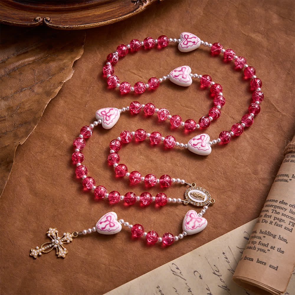 Blue Crackle Glass Rosary With Ceramic Heart Bow Beads & Our Lady Medal