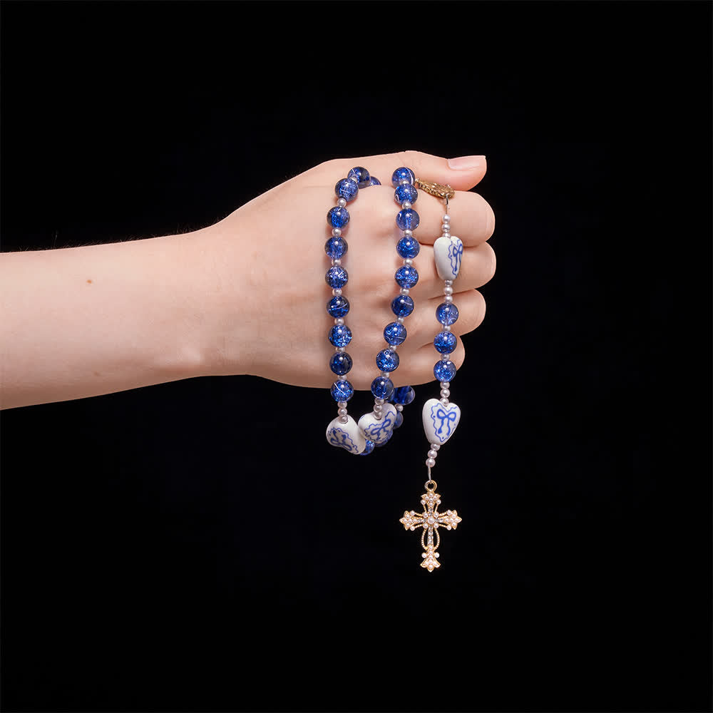 Blue Crackle Glass Rosary With Ceramic Heart Bow Beads & Our Lady Medal