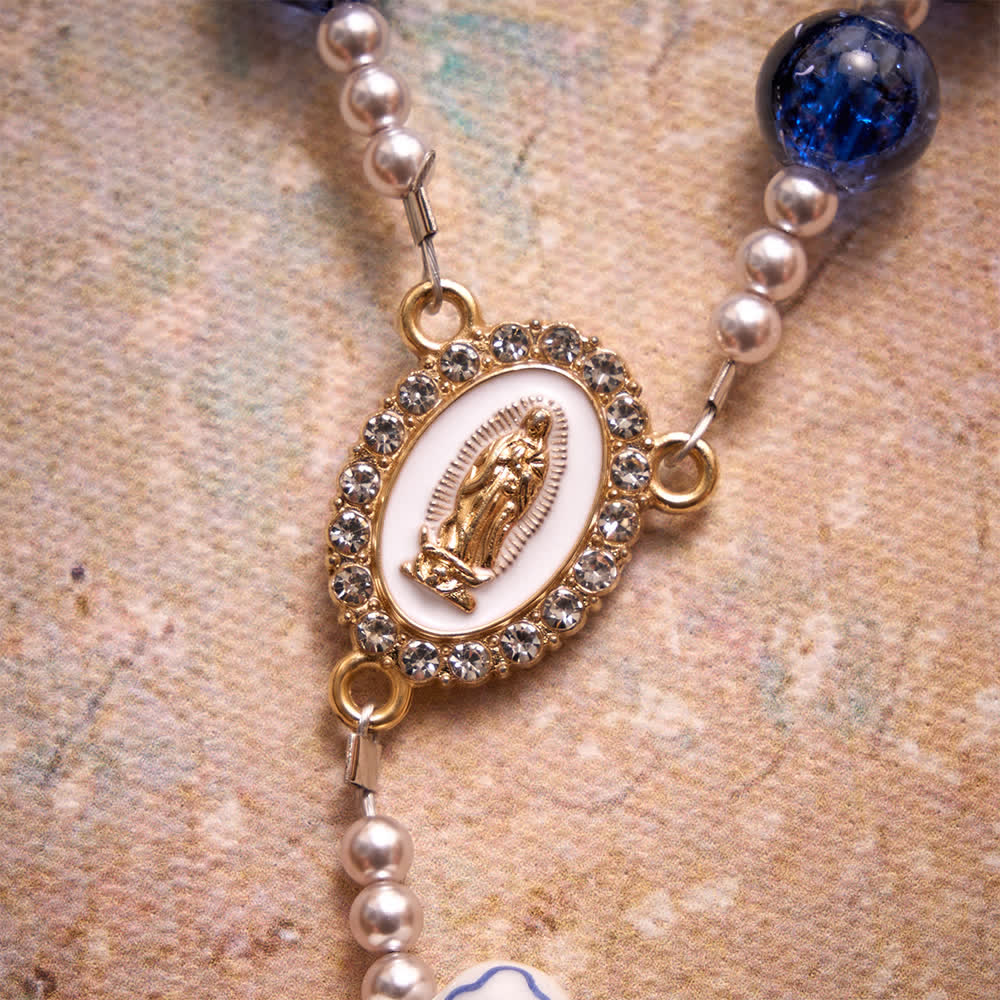 Blue Crackle Glass Rosary With Ceramic Heart Bow Beads & Our Lady Medal