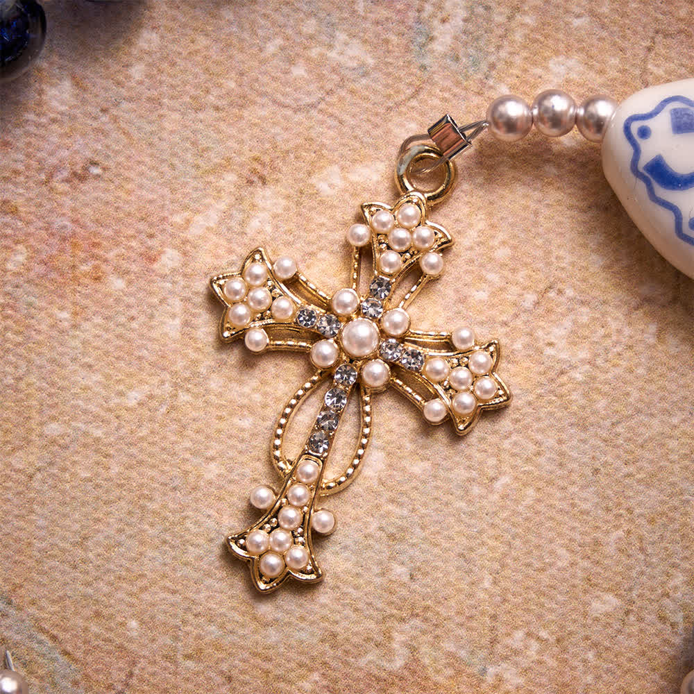 Blue Crackle Glass Rosary With Ceramic Heart Bow Beads & Our Lady Medal
