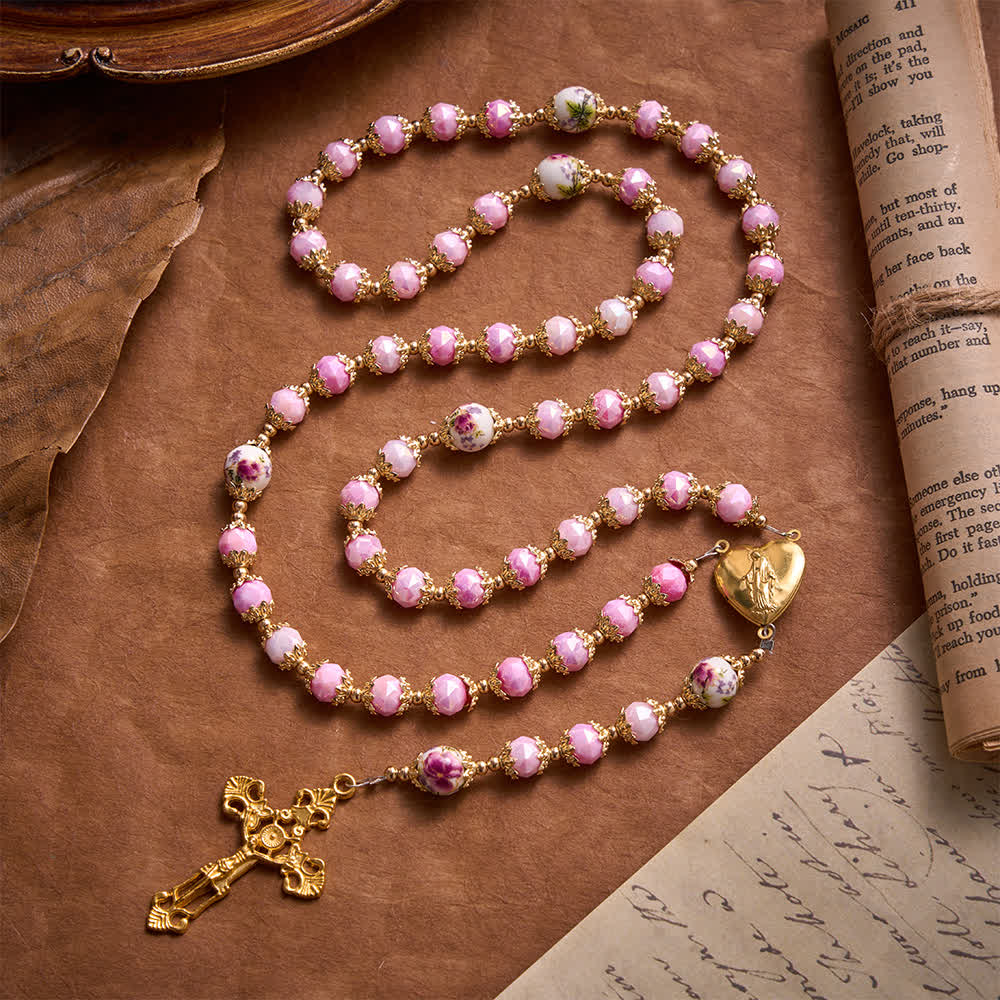 Floral Porcelain Glass Ball Rosary With Our Lady Heart Medal & Ornate Crucifix