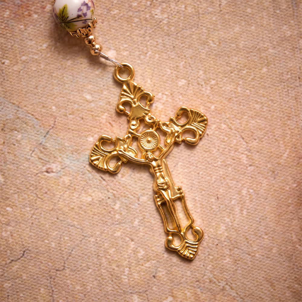 Floral Porcelain Glass Ball Rosary With Our Lady Heart Medal & Ornate Crucifix