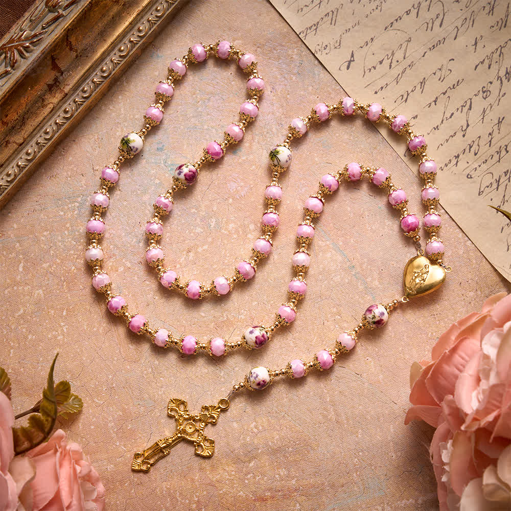 Floral Porcelain Glass Ball Rosary With Our Lady Heart Medal & Ornate Crucifix