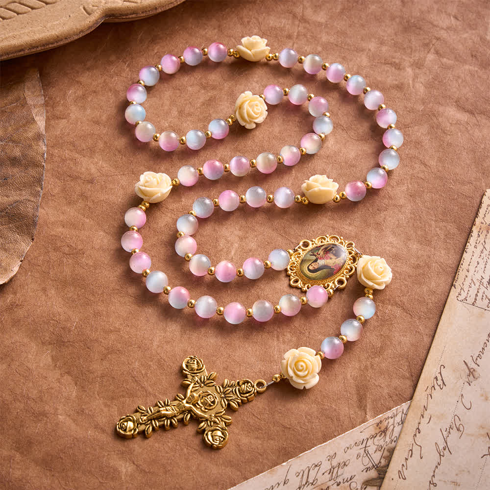Dreamy Gradient Stained Glass Rose Rosary With St.Theresa Medallion