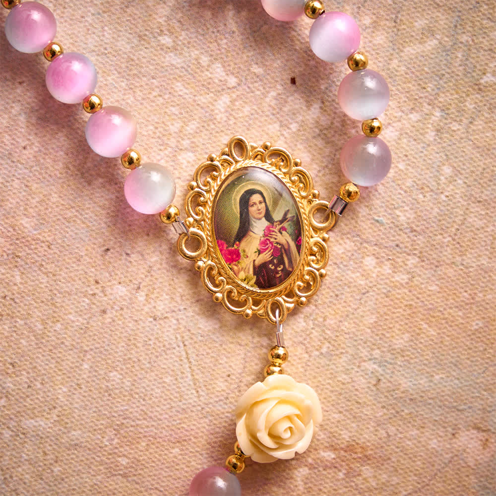 Dreamy Gradient Stained Glass Rose Rosary With St.Theresa Medallion