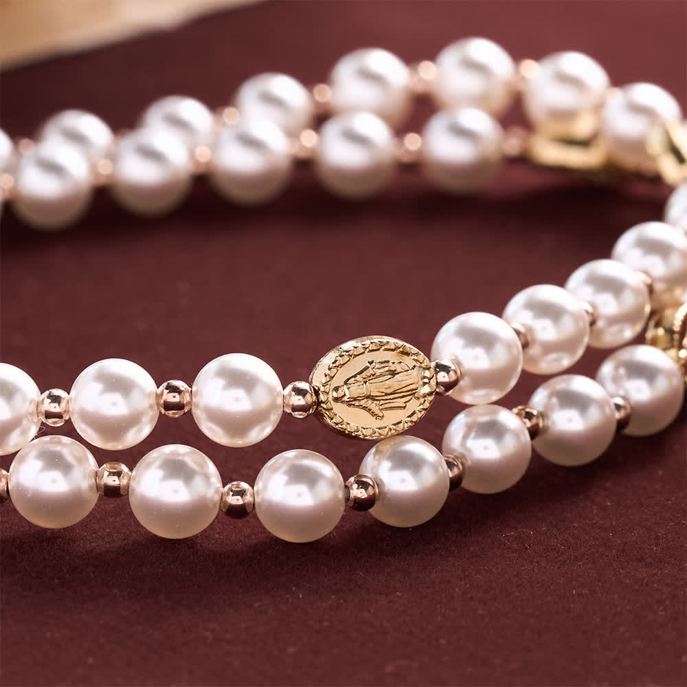 Multi-Loop Pearl Bracelet Rosary With Embossed Our Lady Medal: Emblem of Mild Heavenly Mercy