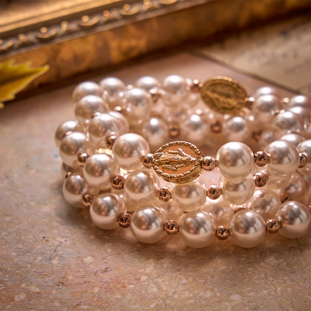 Multi-Loop Pearl Bracelet Rosary With Embossed Our Lady Medal: Emblem of Mild Heavenly Mercy