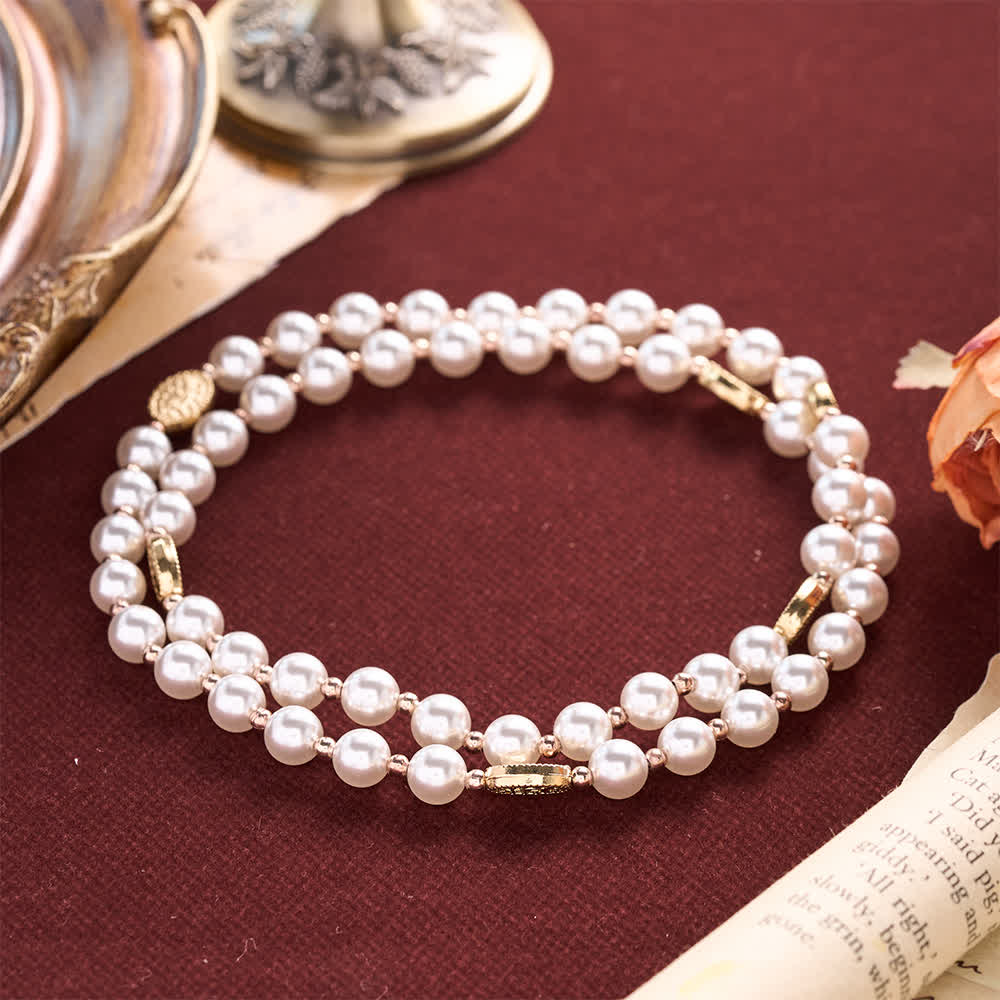 Multi-Loop Pearl Bracelet Rosary With Embossed Our Lady Medal: Emblem of Mild Heavenly Mercy