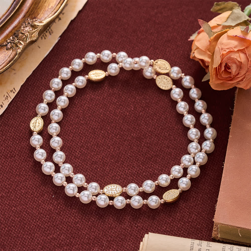 Multi-Loop Pearl Bracelet Rosary With Embossed Our Lady Medal: Emblem of Mild Heavenly Mercy