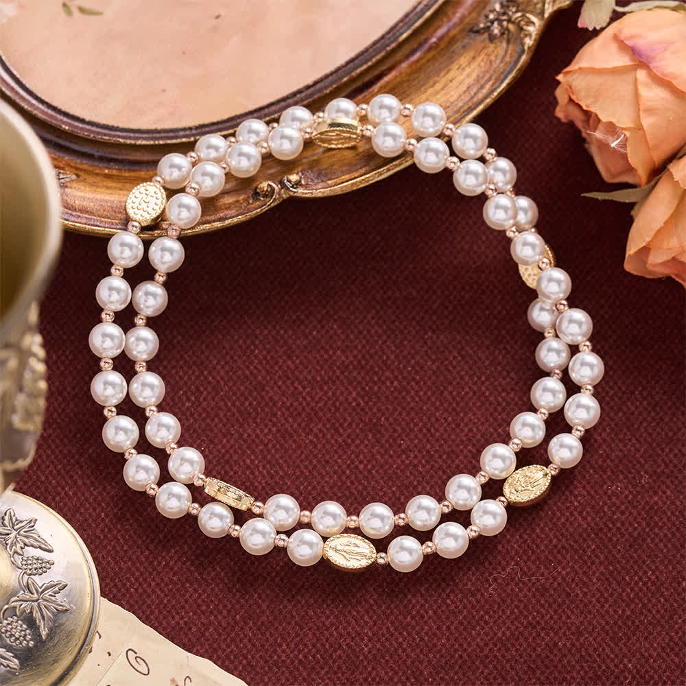 Multi-Loop Pearl Bracelet Rosary With Embossed Our Lady Medal: Emblem of Mild Heavenly Mercy
