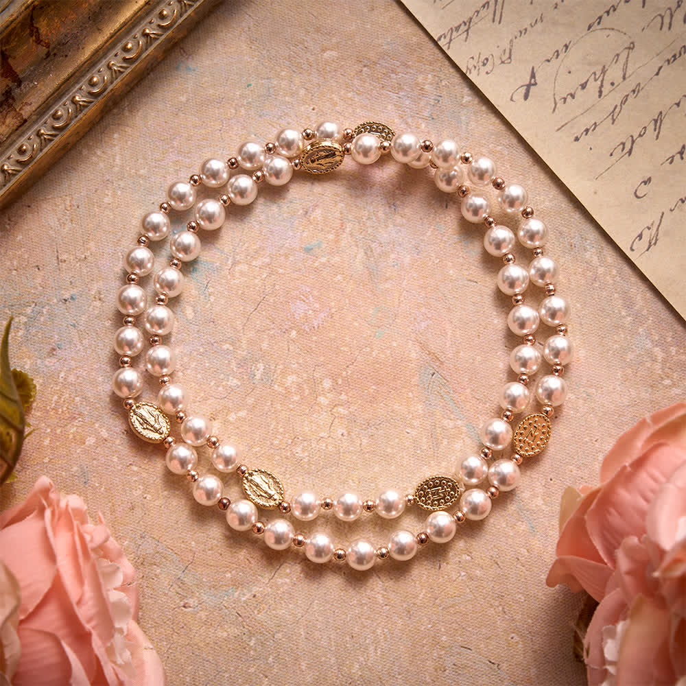 Multi-Loop Pearl Bracelet Rosary With Embossed Our Lady Medal: Emblem of Mild Heavenly Mercy