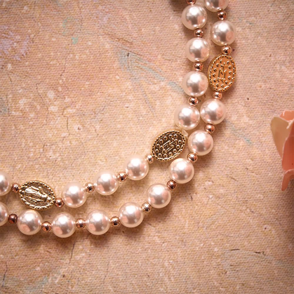 Multi-Loop Pearl Bracelet Rosary With Embossed Our Lady Medal: Emblem of Mild Heavenly Mercy