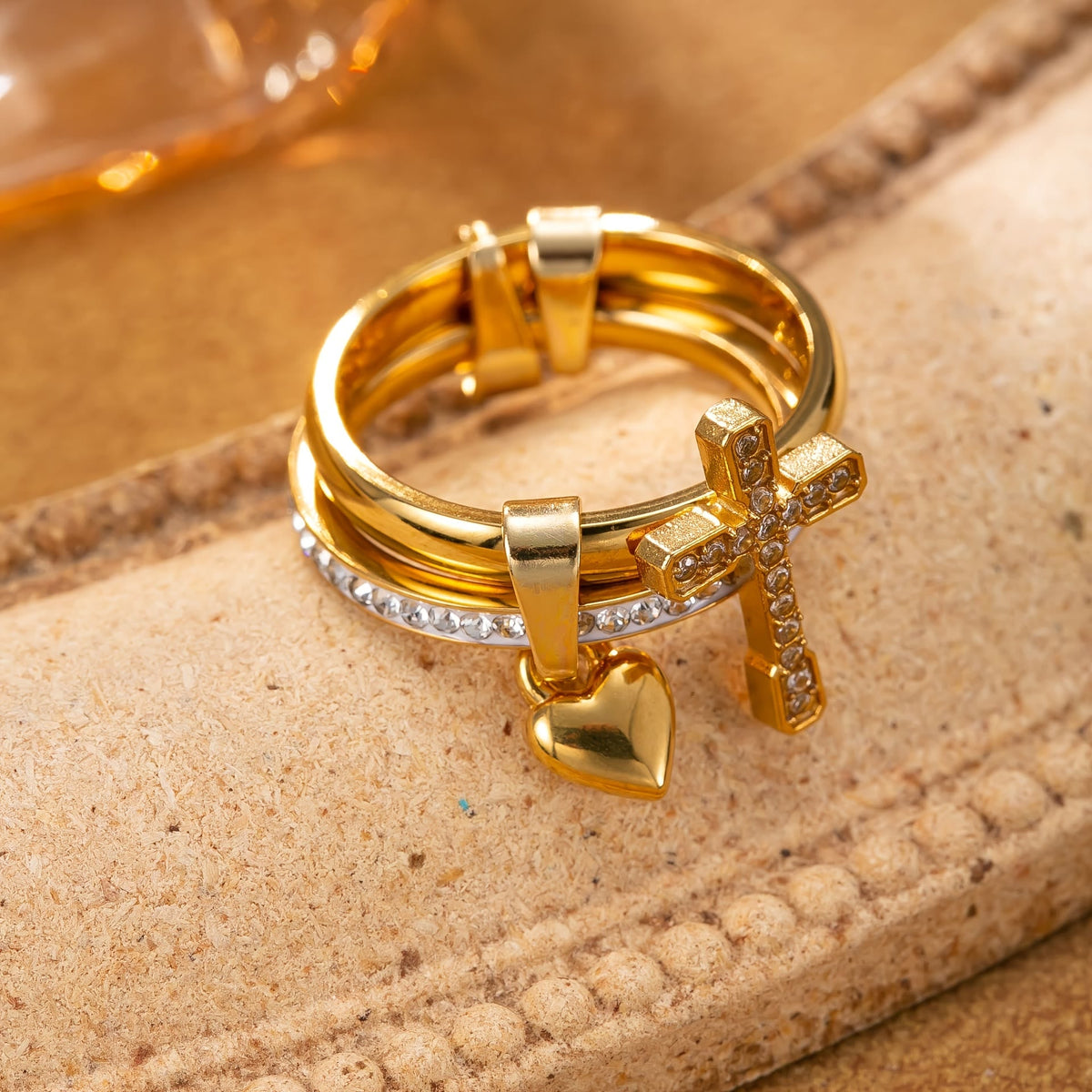 Interlocked Dual Band Ring With Paved Crystal Cross & Dangle Heart: Emblem of Warm Divine Protection