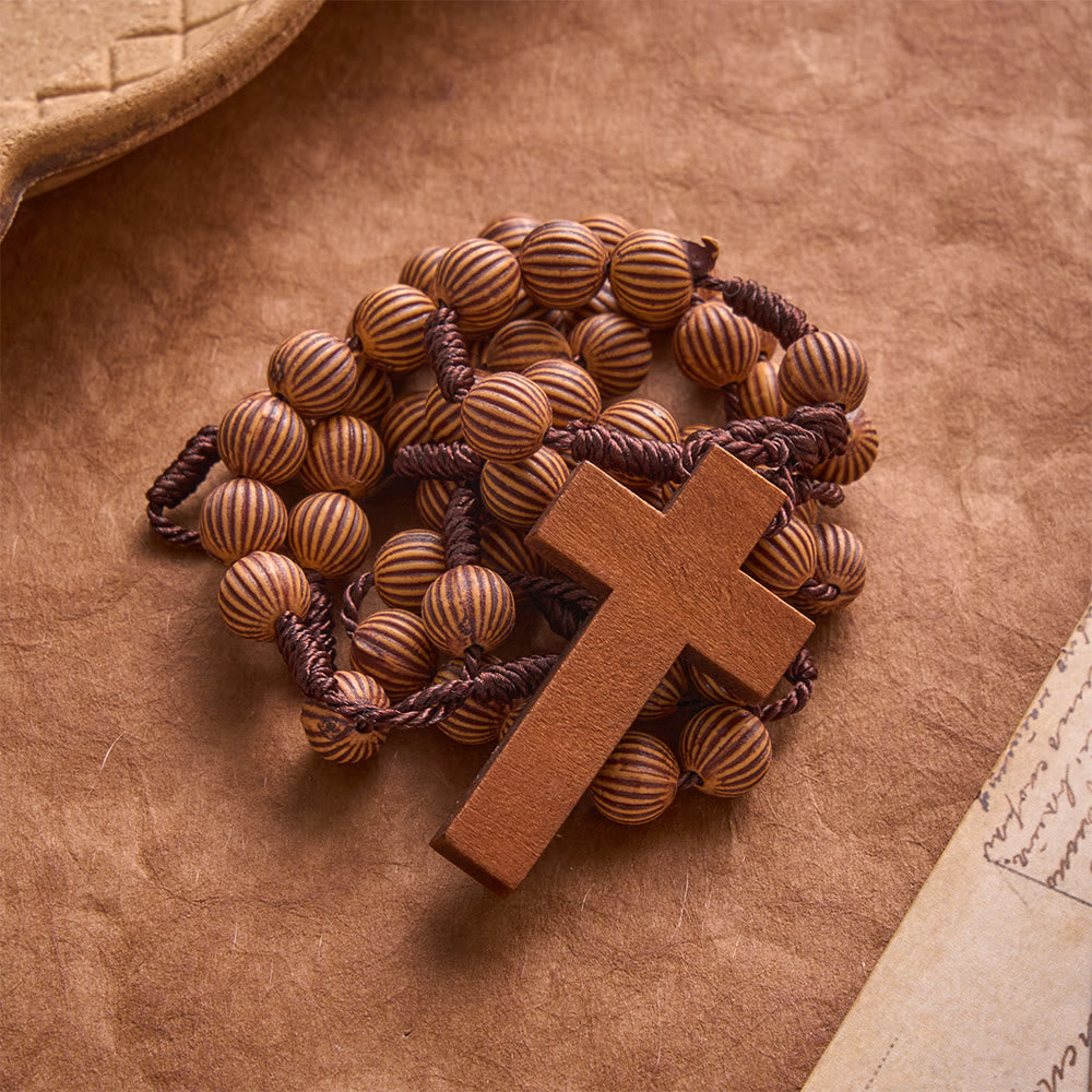 Braided Dark Cord Faux Timber Plastic Rosary With Cross Charm: Symbol of Low-Maintenance Devotional Ornament