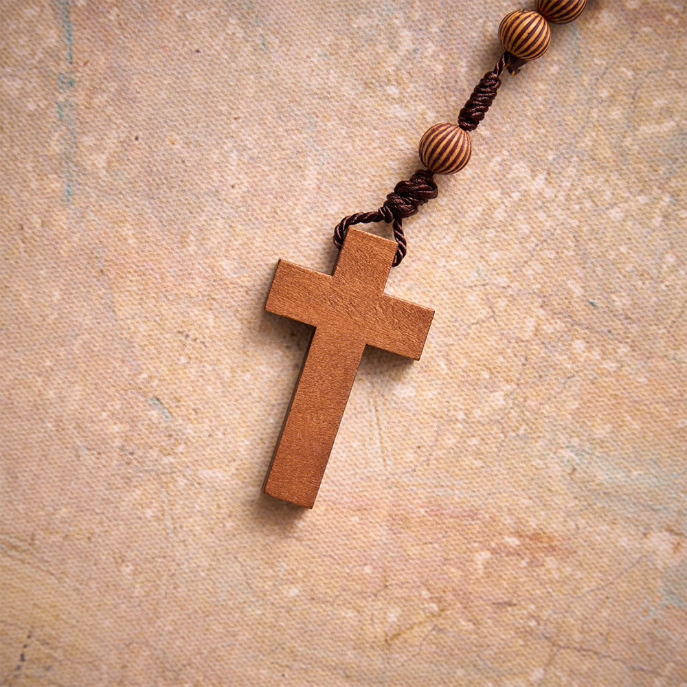 Braided Dark Cord Faux Timber Plastic Rosary With Cross Charm: Symbol of Low-Maintenance Devotional Ornament