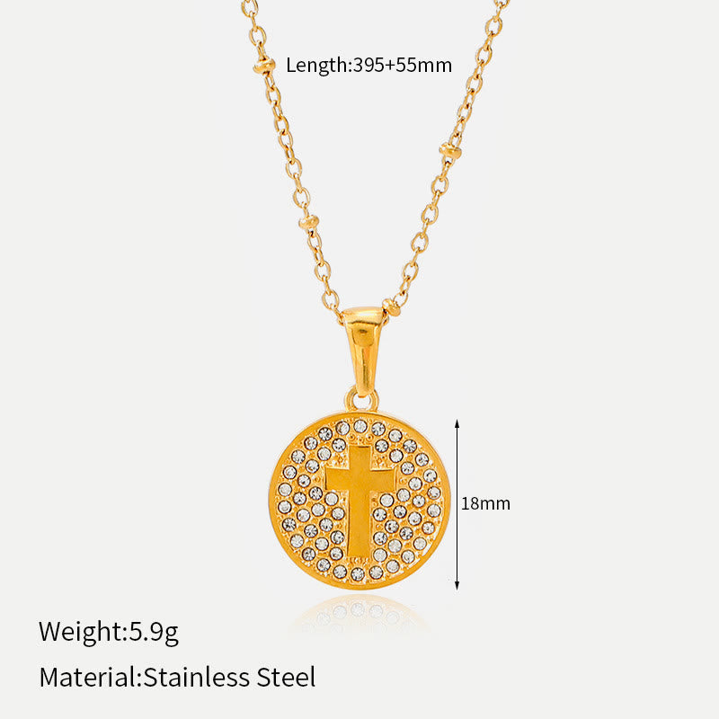 Sparkling Rhinestone‑Encircled Round Cross Medallion Necklace: Emblem of Abiding Heavenly Shelter