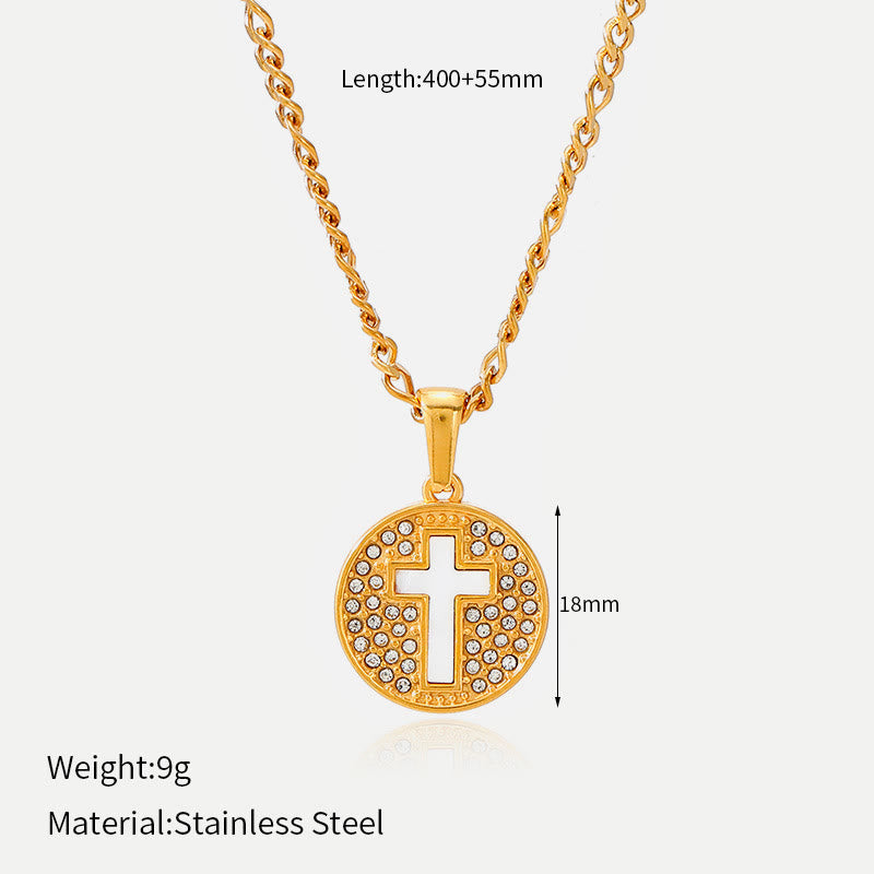 Sparkling Rhinestone‑Encircled Round Cross Medallion Necklace: Emblem of Abiding Heavenly Shelter