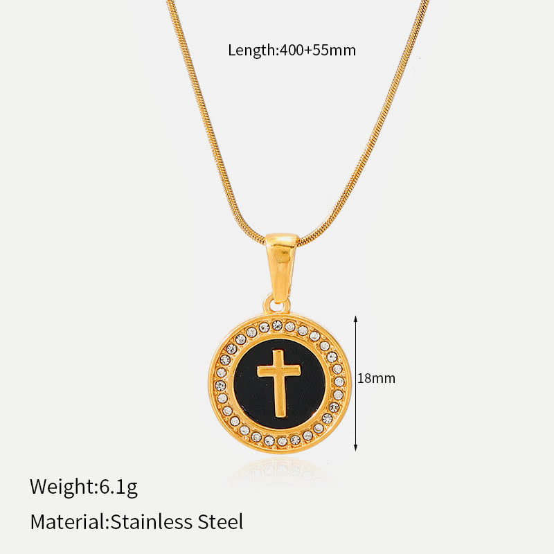 Sparkling Rhinestone‑Encircled Round Cross Medallion Necklace: Emblem of Abiding Heavenly Shelter