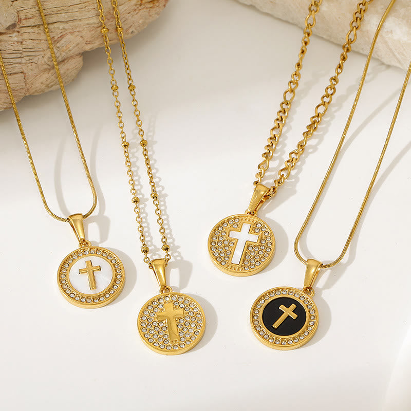 Sparkling Rhinestone‑Encircled Round Cross Medallion Necklace: Emblem of Abiding Heavenly Shelter