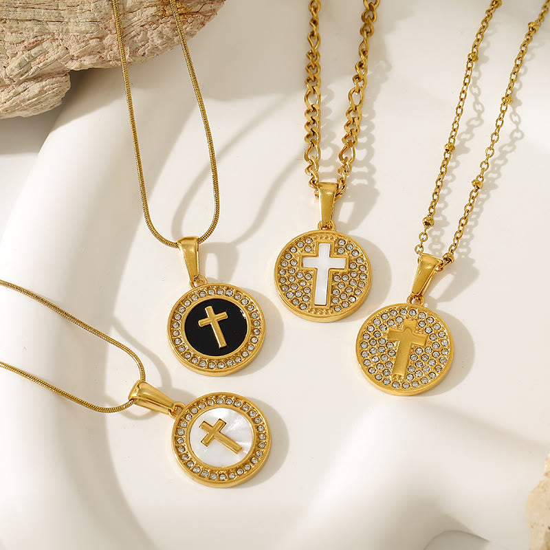 Sparkling Rhinestone‑Encircled Round Cross Medallion Necklace: Emblem of Abiding Heavenly Shelter