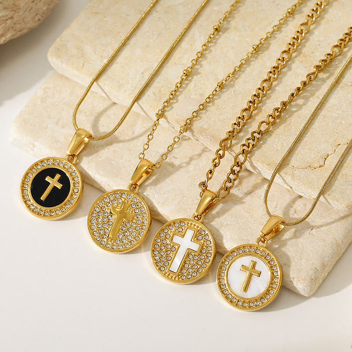 Sparkling Rhinestone‑Encircled Round Cross Medallion Necklace: Emblem of Abiding Heavenly Shelter