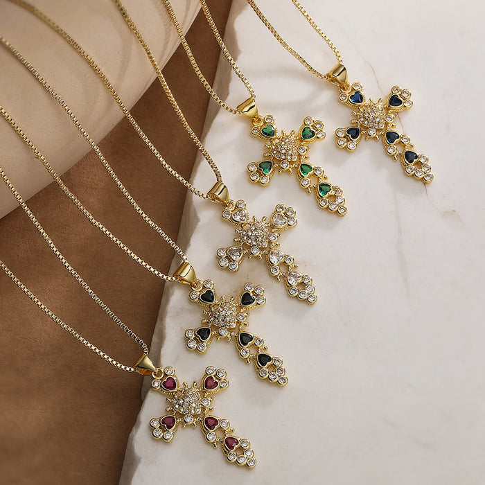 Heart‑Gem Ornate Cross Pendant Necklace: Emblem of Tender Heavenly Devotion