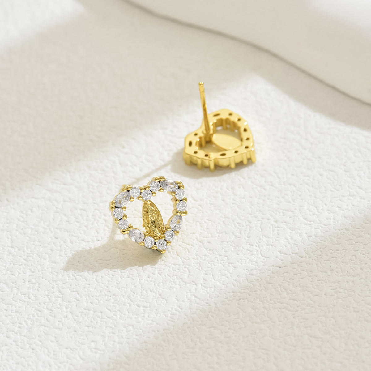 Sparkling Halo Heart Our Lady of Guadalupe Stud Earrings: Celestial Emblem of Maternal Grace