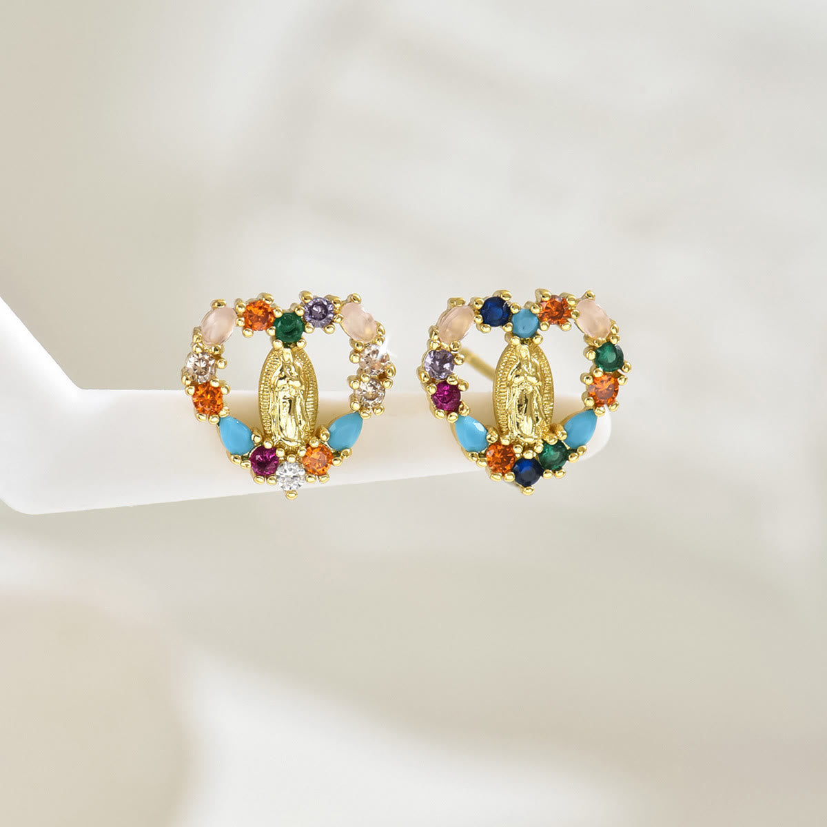 Sparkling Halo Heart Our Lady of Guadalupe Stud Earrings: Celestial Emblem of Maternal Grace